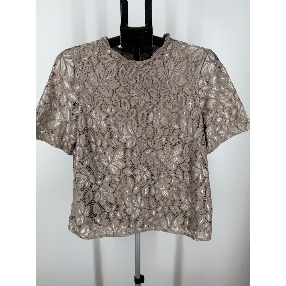 HM Womens Metallic Floral Lace Mock Neck Short Sleeve Top Taupe Silver Size M